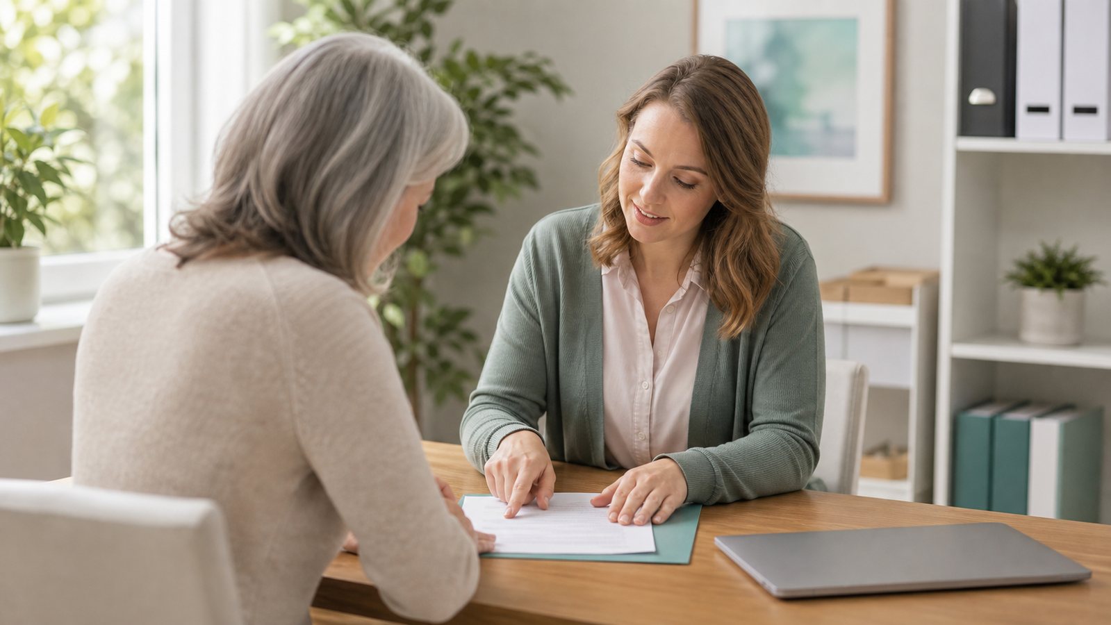 A clinical research coordinator helps a patient complete an application form.