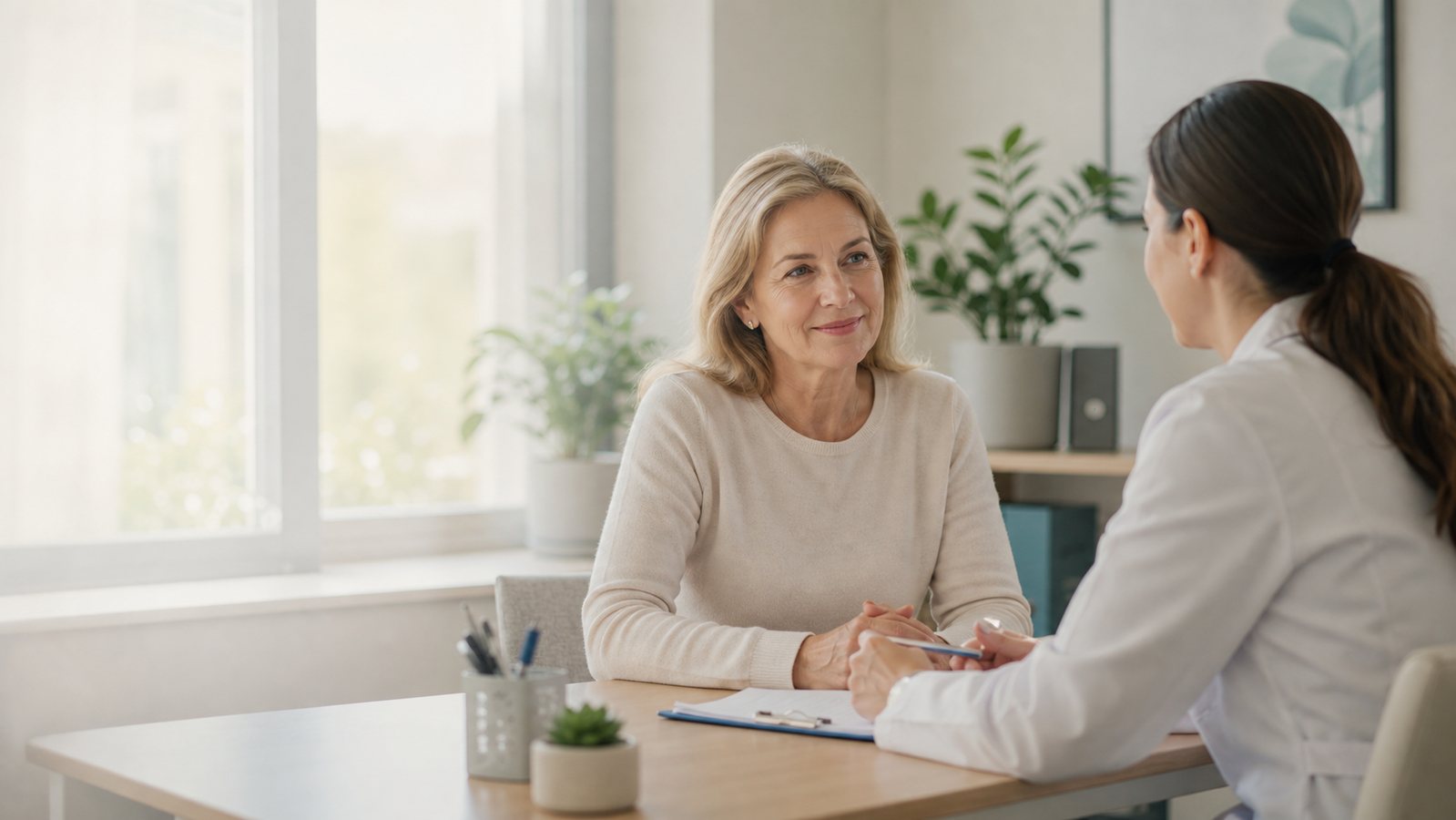A clinician speaks with a patient during a calm clinical trial qualification visit.
