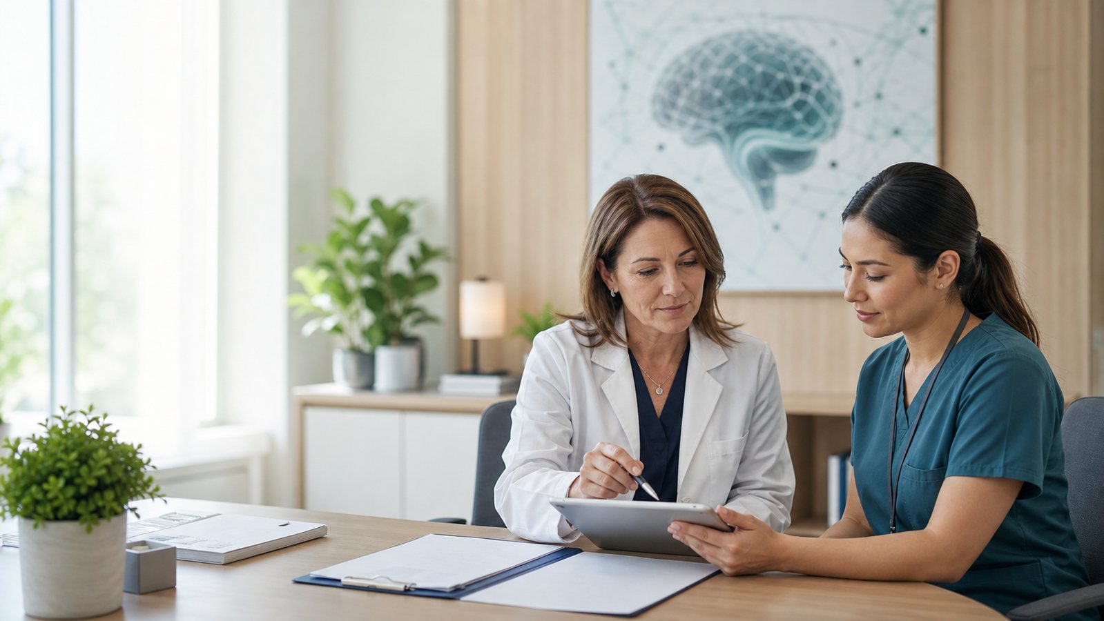 A clinician and clinical research coordinator discuss study documentation in a calm Promente office.
