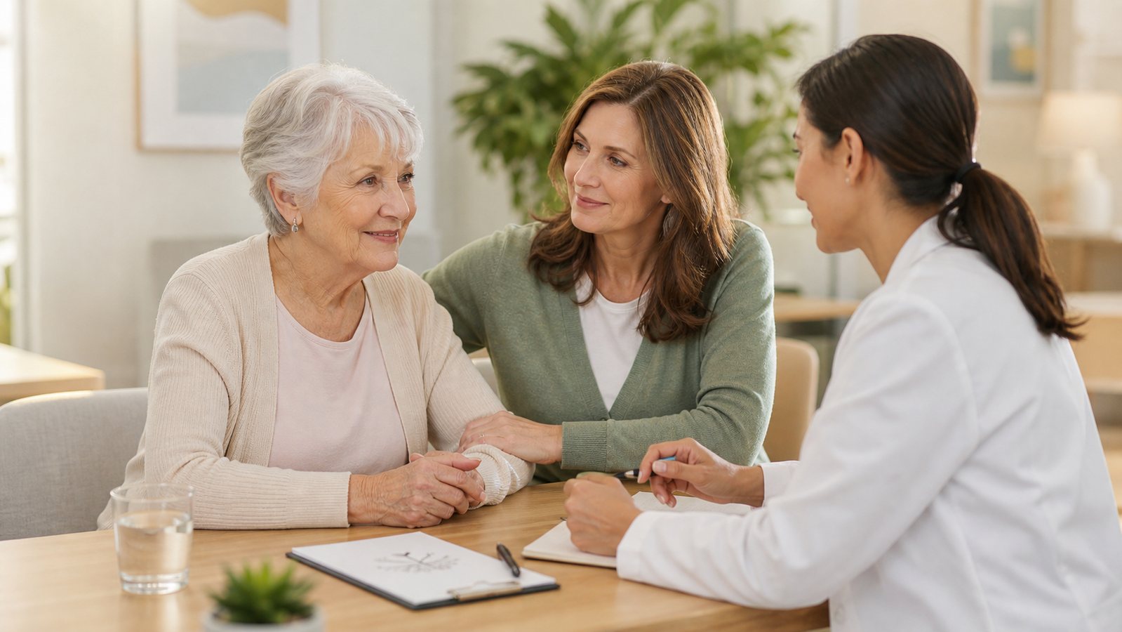 An older patient and caregiver speak with a clinician about Alzheimer disease clinical research.