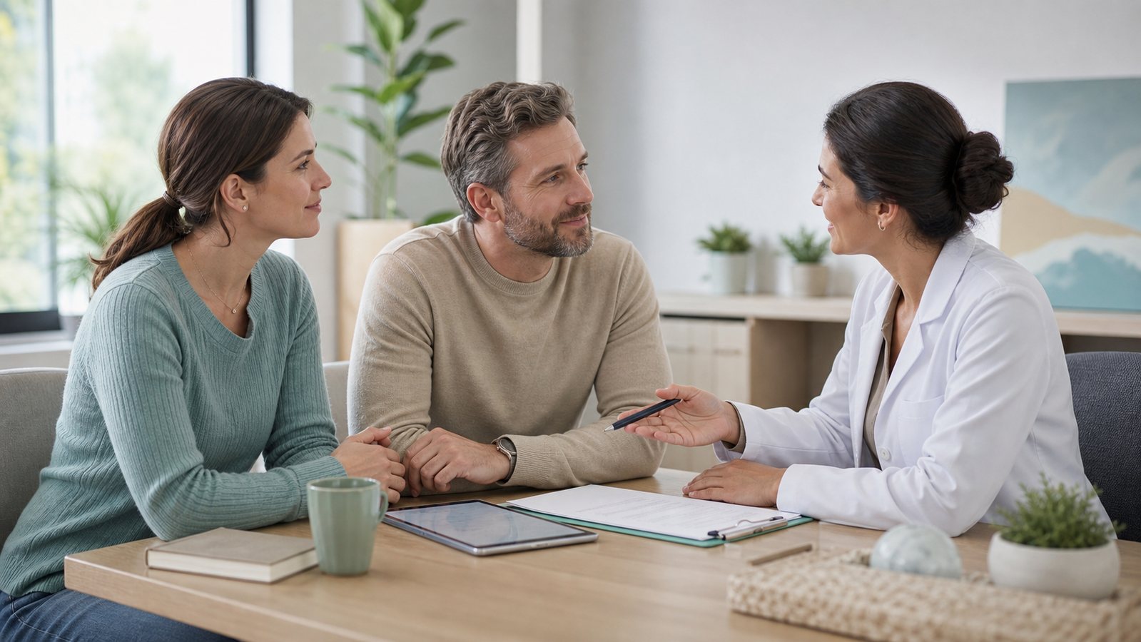 A clinician explains the clinical trial process to a patient and a caregiver