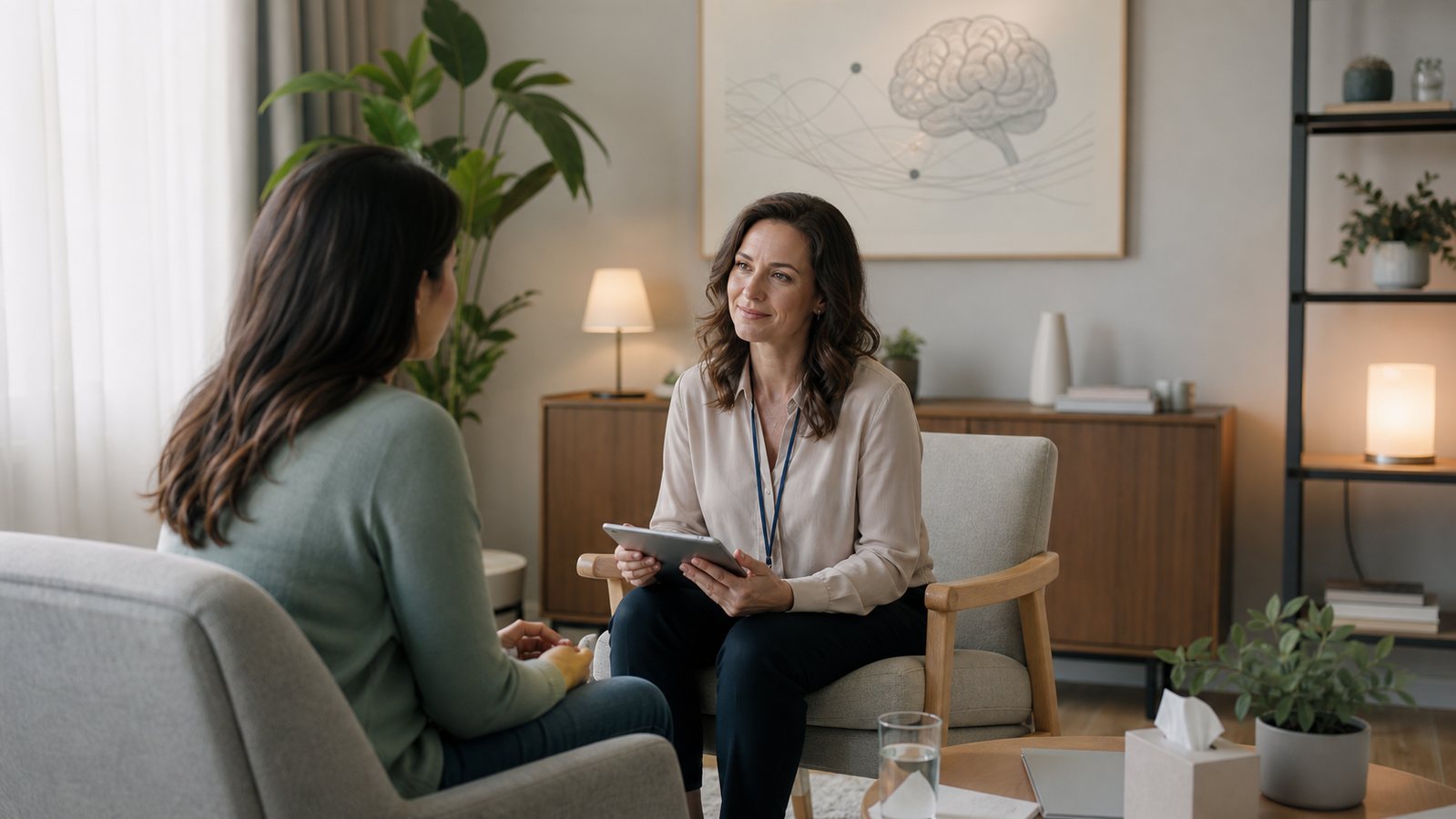 A therapist speaks with a participant in a calm clinical research room