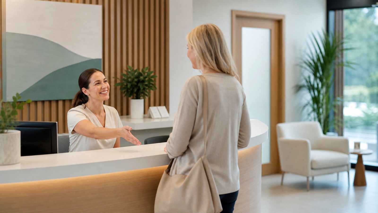 A receptionist welcomes a visitor at a clinical research center